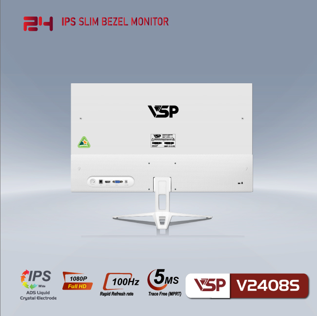 Màn hình phẳng tràn viền 24 inch 5ms IPS | VSP V2408S màu trắng